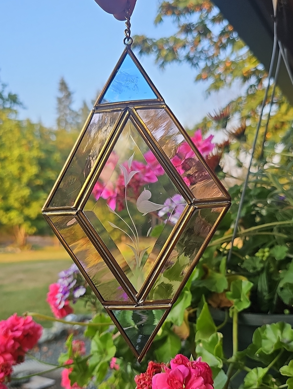 Handmade Floral Etched Stained Glass Suncatcher - Amber and Clear
